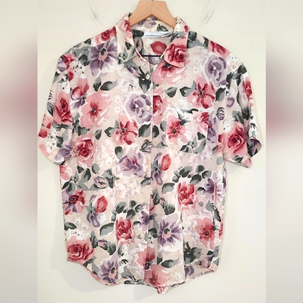 Weathervane Womens Tapestry Top Size L‎ Mauve Purple Floral Linen Blend Cottage
